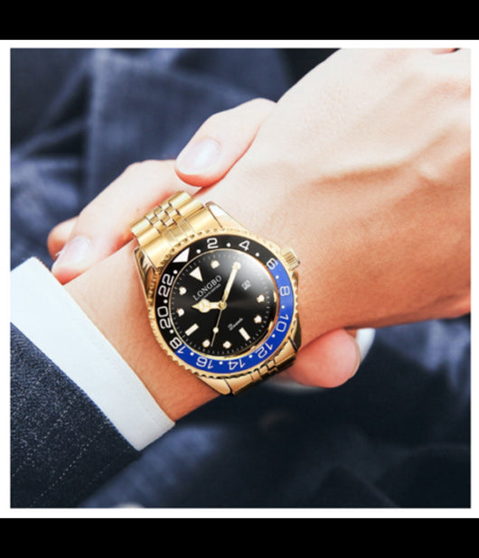 Orologio Polso Uomo Acciaio Quarzo Dorato Nero Blu Nautica Mare Longbo Subacqueo         