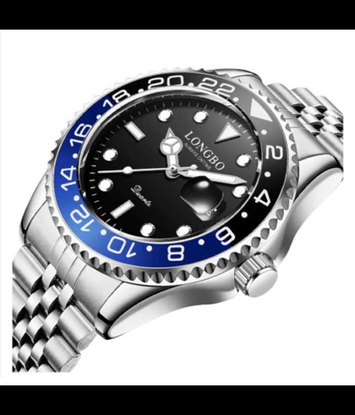 Orologio Polso Uomo Acciaio Quarzo Silver Blu Nero Nautica Mare Longbo Subacqueo         