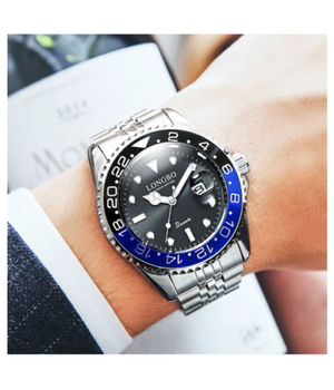 Orologio Polso Uomo Acciaio Quarzo Silver Blu Nero Nautica Mare Longbo Subacqueo         