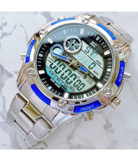 Orologio Polso Uomo Analogico Digitale Zcc Cronografo Multifunzione Silver Blu         