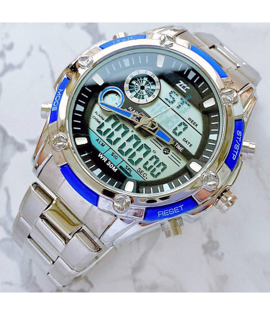 Orologio Polso Uomo Analogico Digitale Zcc Cronografo Multifunzione Silver Blu         