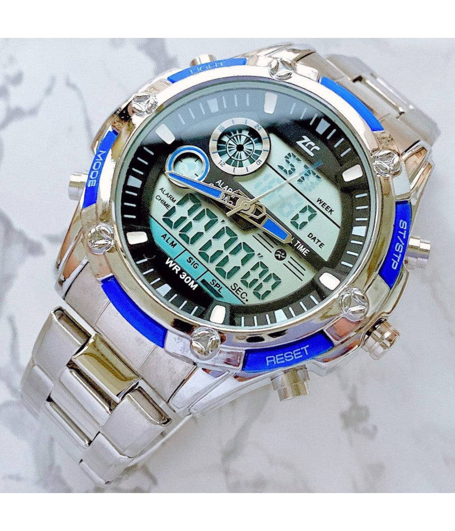 Orologio Polso Uomo Analogico Digitale Zcc Cronografo Multifunzione Silver Blu         
