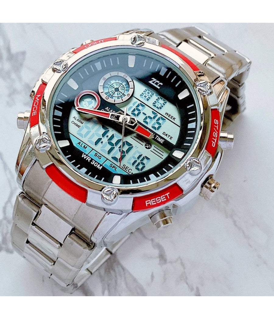 Orologio Polso Uomo Zcc Analogico Digitale Cronografo Multifunzione Silver Rosso         