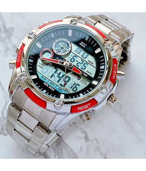 Orologio Polso Uomo Zcc Analogico Digitale Cronografo Multifunzione Silver Rosso         