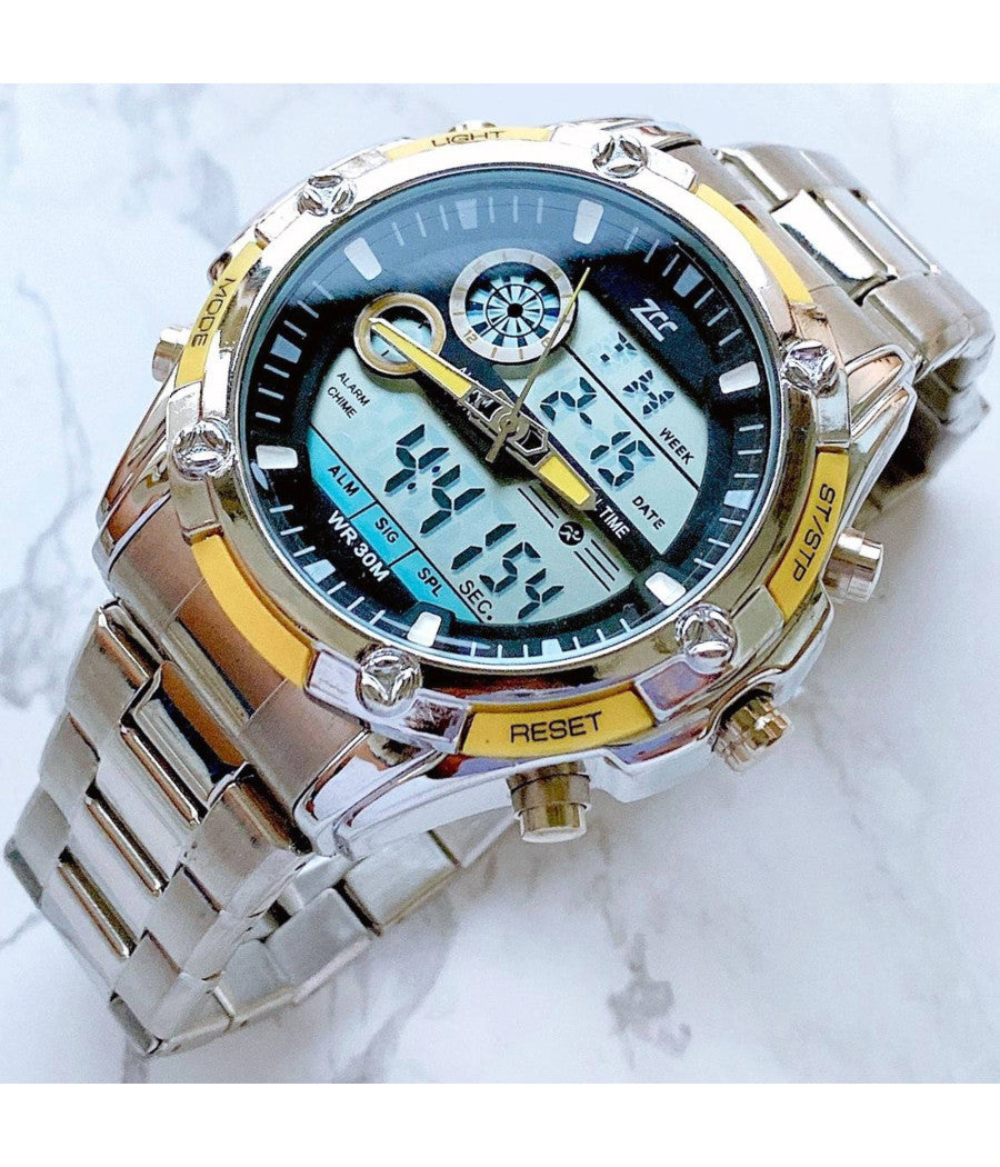 Orologio Polso Uomo Zcc Cronografo Analogico Digitale Multifunzione Silver Giallo         