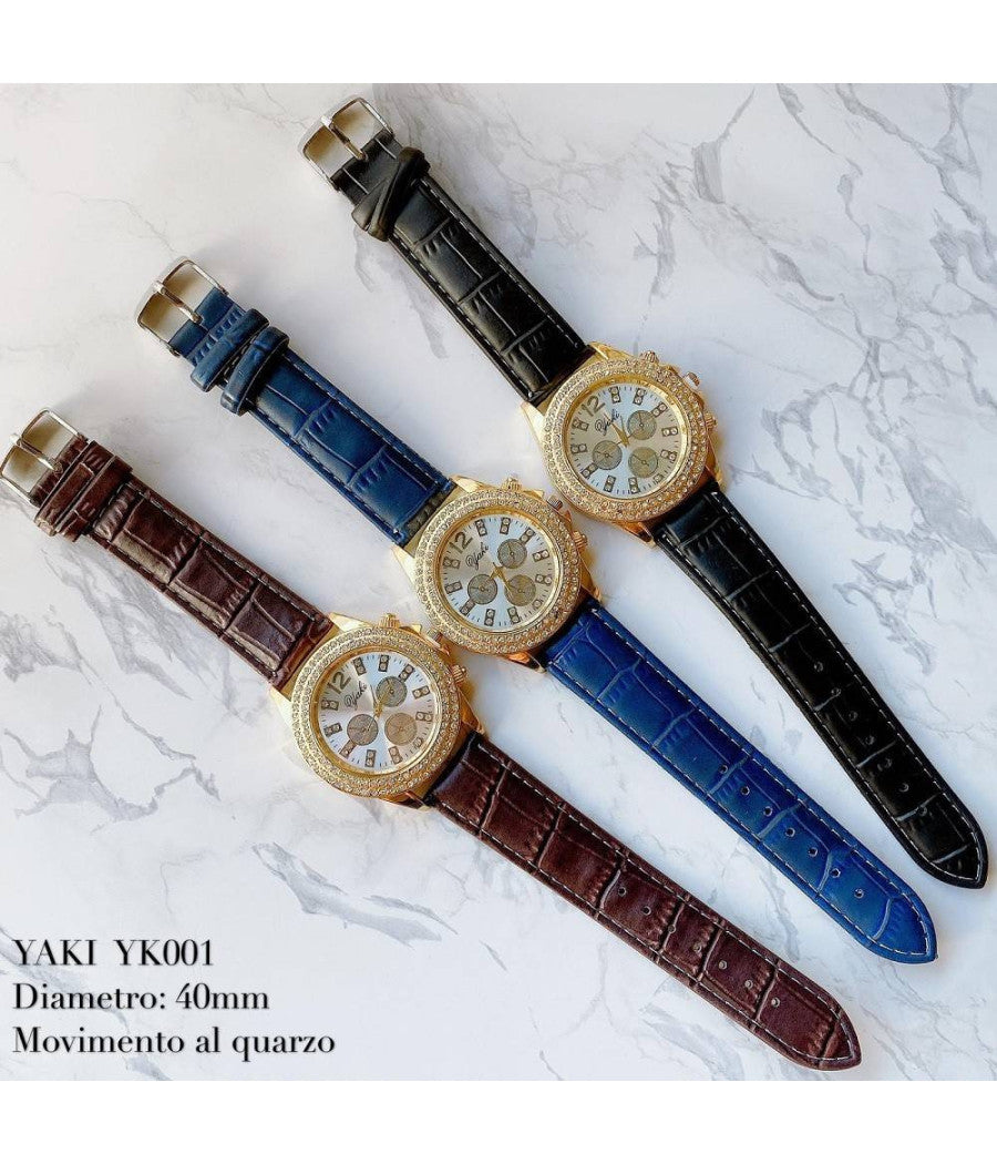Orologio Polso Yaki Yk001 Donna Analogico Quarzo Pelle Cassa Dorata Brillantini         