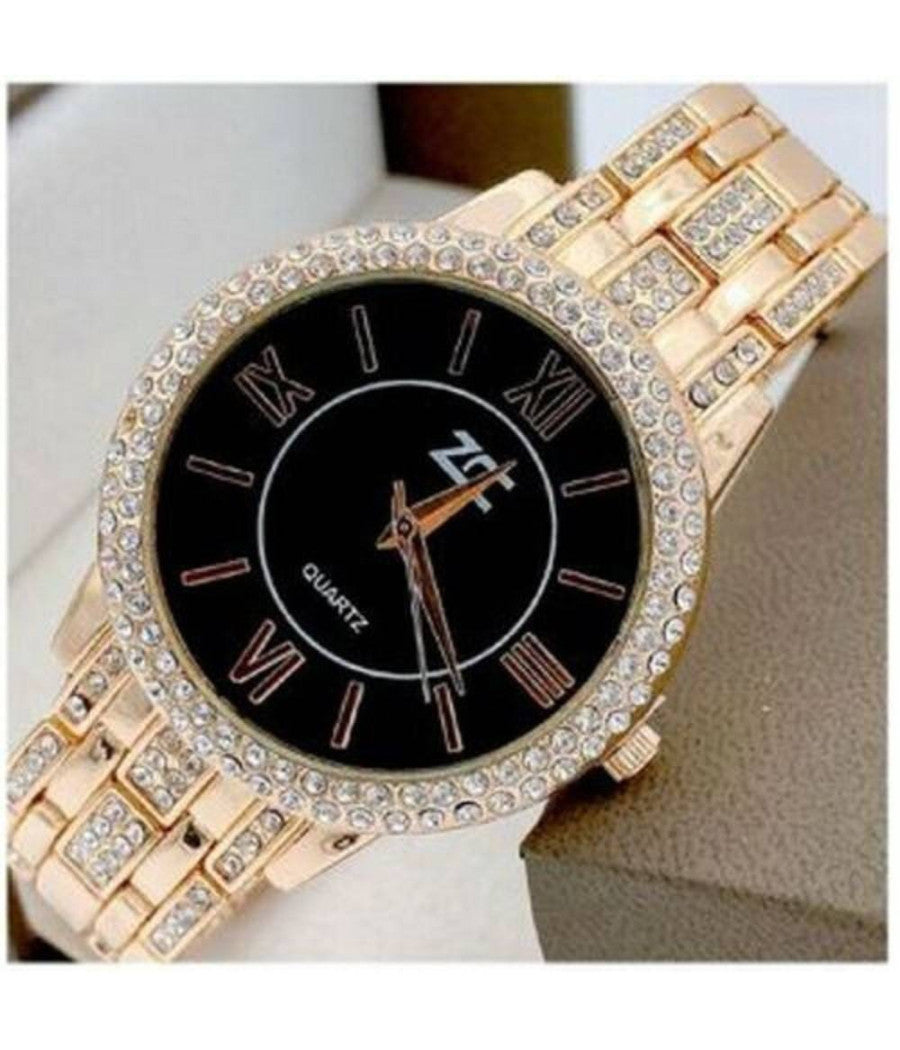 Orologio Polso Zcc 13 Donna Quarzo Acciaio Moda Brillantini Oro Rosa Fondo Nero         