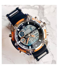 Orologio Polso Zcc 1313 Uomo Quarzo Dual Time Multifunzione Arancio Nero Silver         