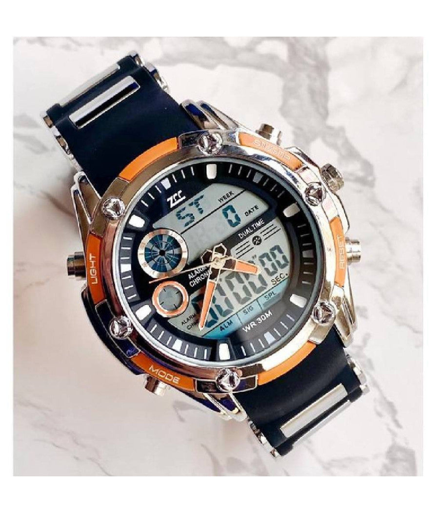 Orologio Polso Zcc 1313 Uomo Quarzo Dual Time Multifunzione Arancio Nero Silver         