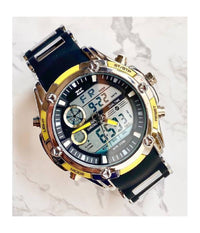 Orologio Polso Zcc 1313 Uomo Quarzo Dual Time Multifunzione Giallo Nero Silver         