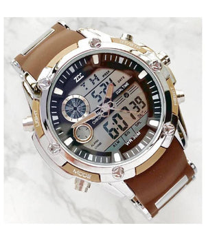 Orologio Polso Zcc 1313 Uomo Quarzo Dual Time Multifunzione Marrone Nero Silver         