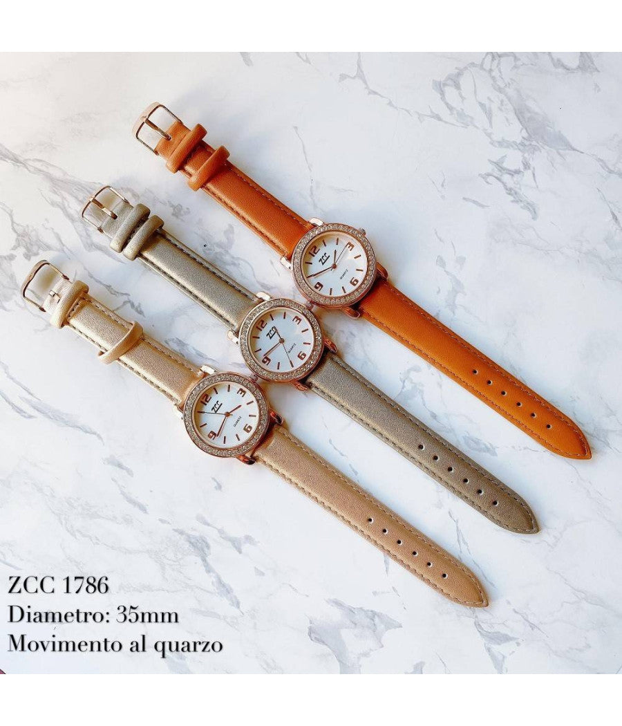Orologio Polso Zcc 1786 Donna Quarzo Moda Brillantini Analogico Cinturino Pelle         