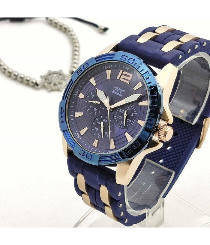 Orologio Polso Zcc 1863 Uomo Quarzo Elegante Moda Casual Blu Dorato         