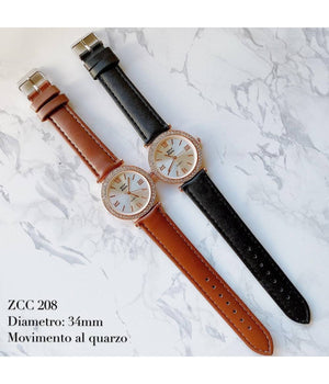 Orologio Polso Zcc 208 Donna Analogico Quarzo Moderno Fashion Brillantini Pelle         