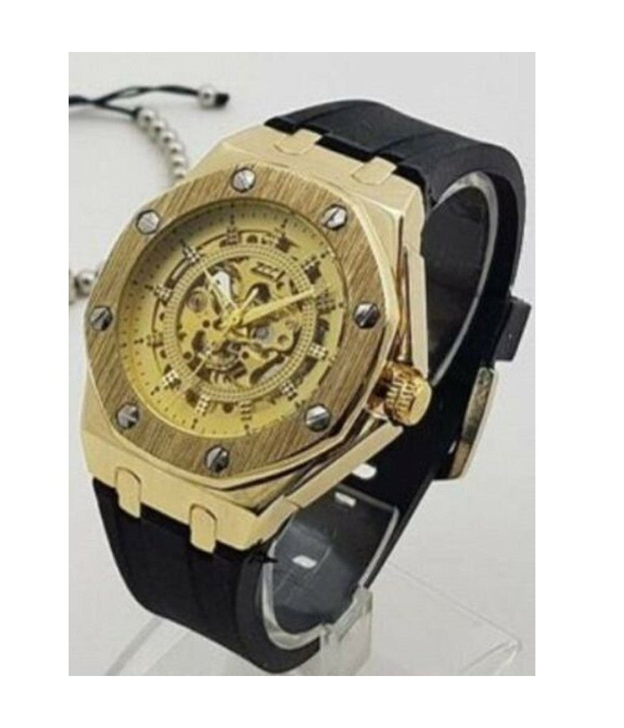Orologio Polso Zcc 4407 Uomo Automatico Elegante Casual Dorato Oro Cinturino Nero         