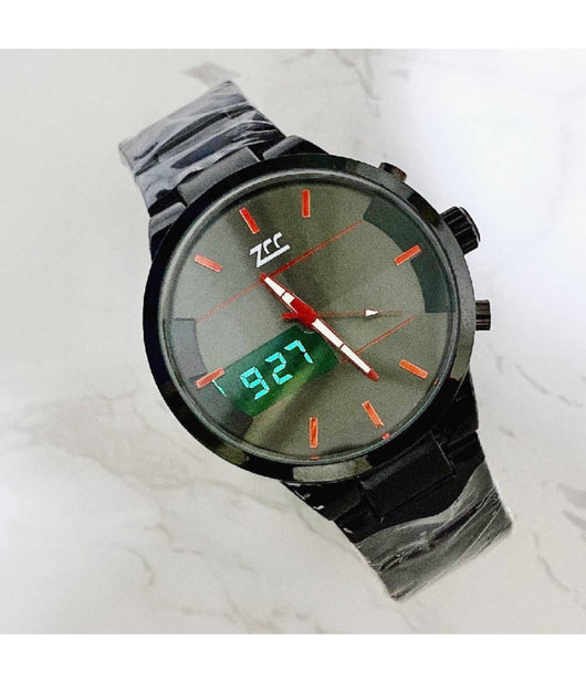 Orologio Polso Zcc 7258 Uomo Quarzo Acciaio Dual Time Nero Quadrante Nero Rosso         