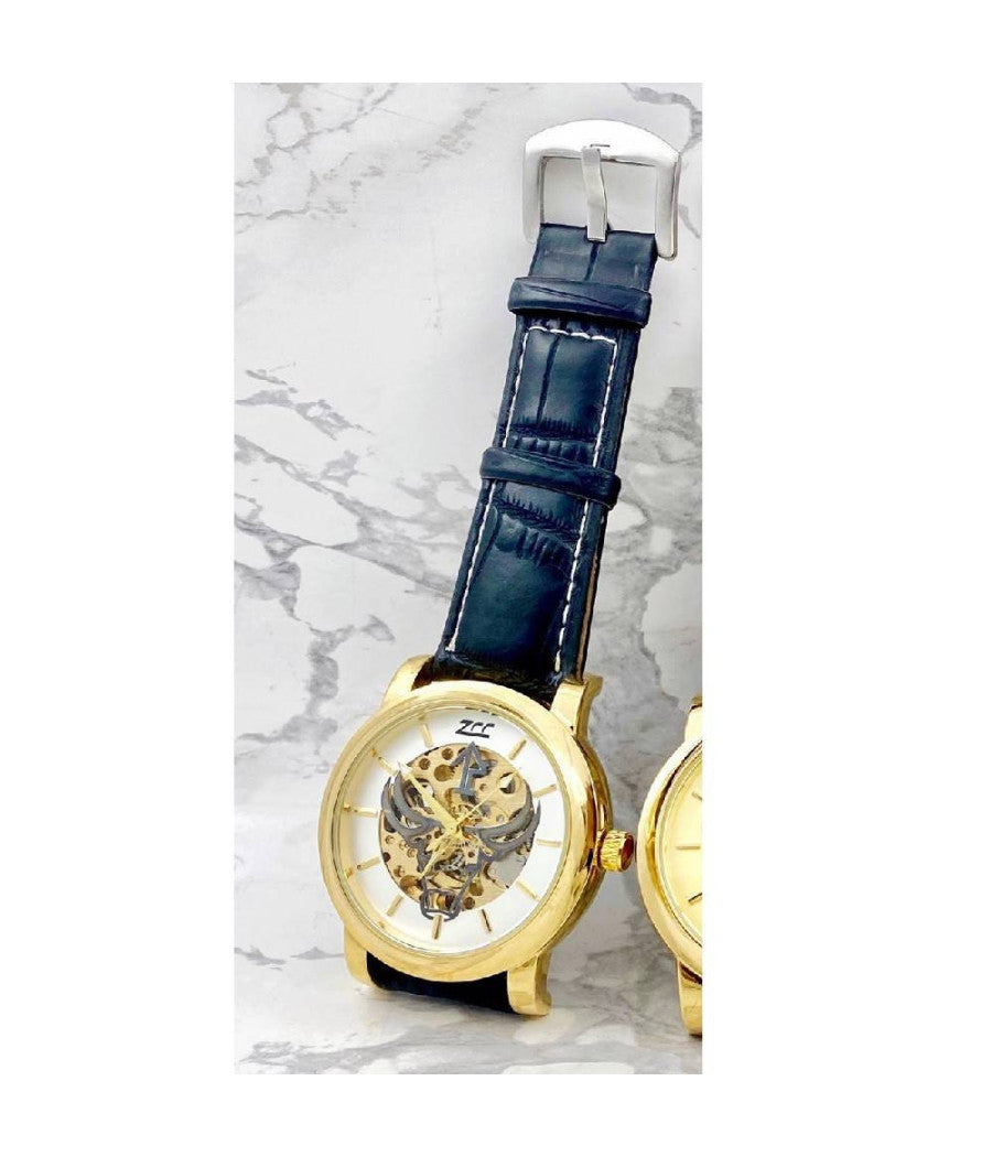 Orologio Polso Zcc Bull Transp Uomo Automatico Cinturino Pelle Nera Fondo Bianco         