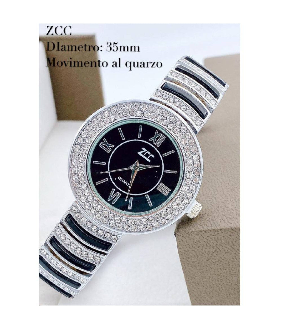 Orologio Polso Zcc Donna Analogico Quarzo Acciaio Moda Brillantini Silver Nero         
