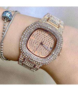 Orologio Polso Zcc Donna Quarzo Acciaio Analogico Moda Brillantinato Data Rosa         