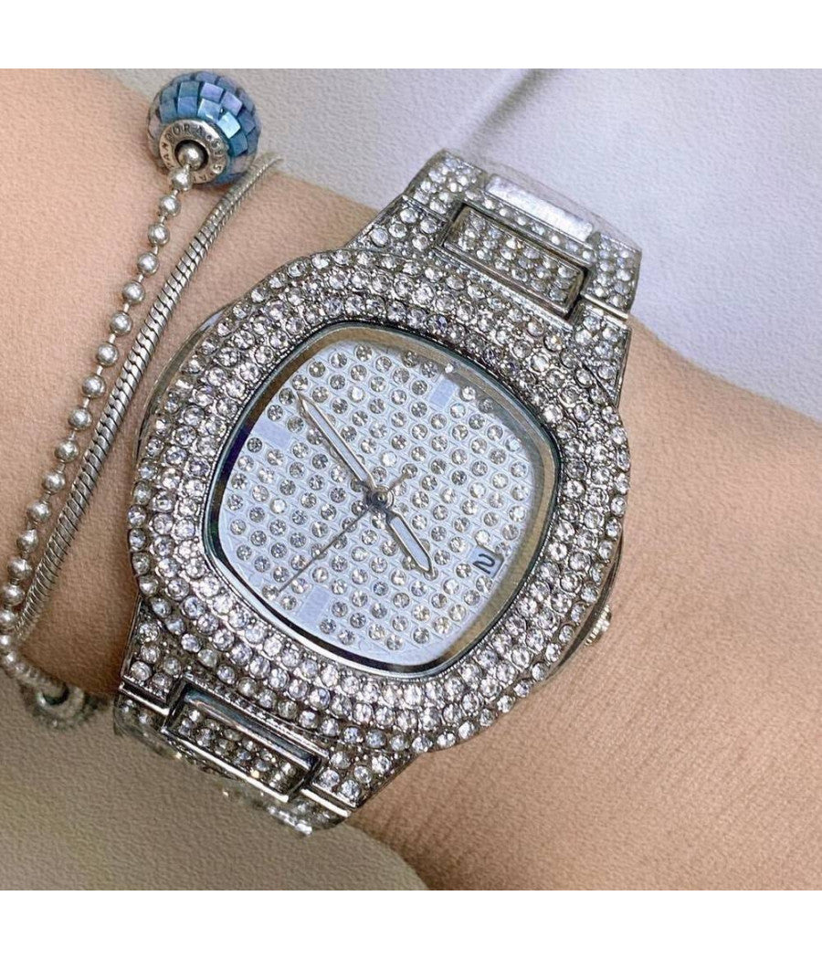 Orologio Polso Zcc Donna Quarzo Acciaio Analogico Moda Brillantinato Data Silver         