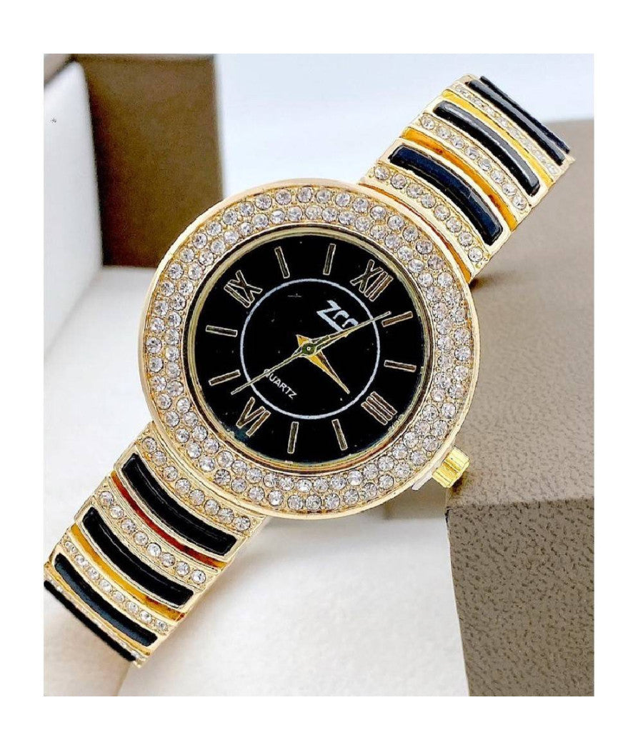 Orologio Polso Zcc Donna Quarzo Acciaio Analogico Moda Brillantini Dorato Nero         