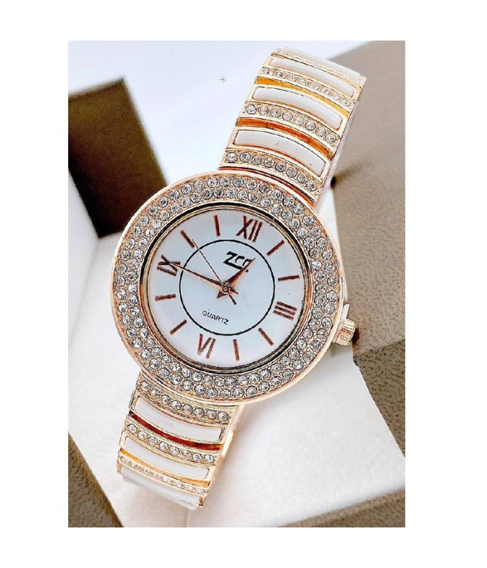 Orologio Polso Zcc Donna Quarzo Acciaio Analogico Moda Brillantini Rosa Bianco         