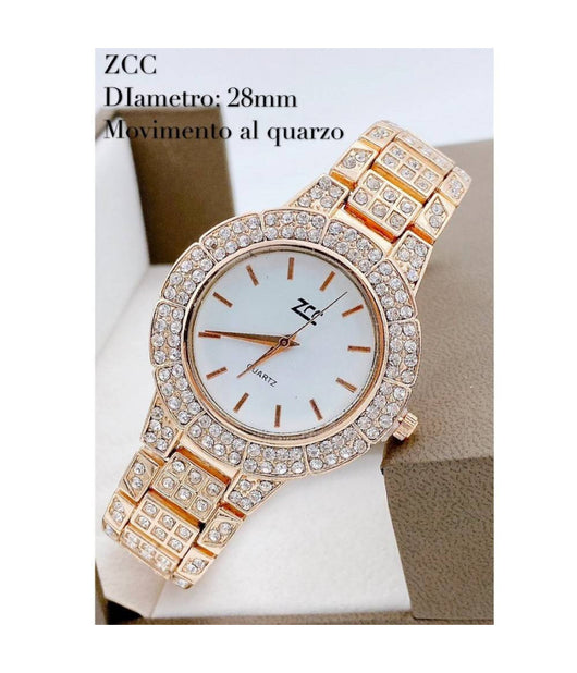 Orologio Polso Zcc Donna Quarzo Acciaio Moda Brillantinato Rosa Quadrante Bianco         