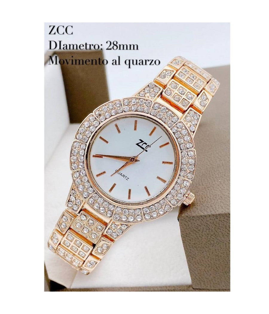 Orologio Polso Zcc Donna Quarzo Acciaio Moda Brillantinato Rosa Quadrante Bianco         