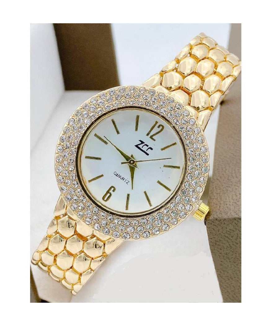 Orologio Polso Zcc Donna Quarzo Acciaio Moda Brillantini Analogico Dorato Bianco         
