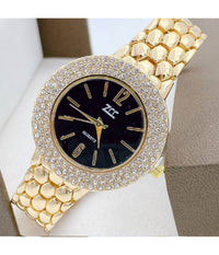 Orologio Polso Zcc Donna Quarzo Acciaio Moda Brillantini Analogico Dorato Nero         