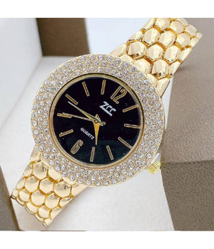 Orologio Polso Zcc Donna Quarzo Acciaio Moda Brillantini Analogico Dorato Nero         