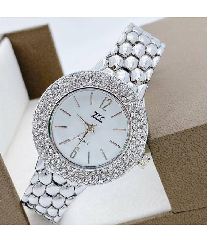 Orologio Polso Zcc Donna Quarzo Acciaio Moda Brillantini Analogico Silver Bianco         
