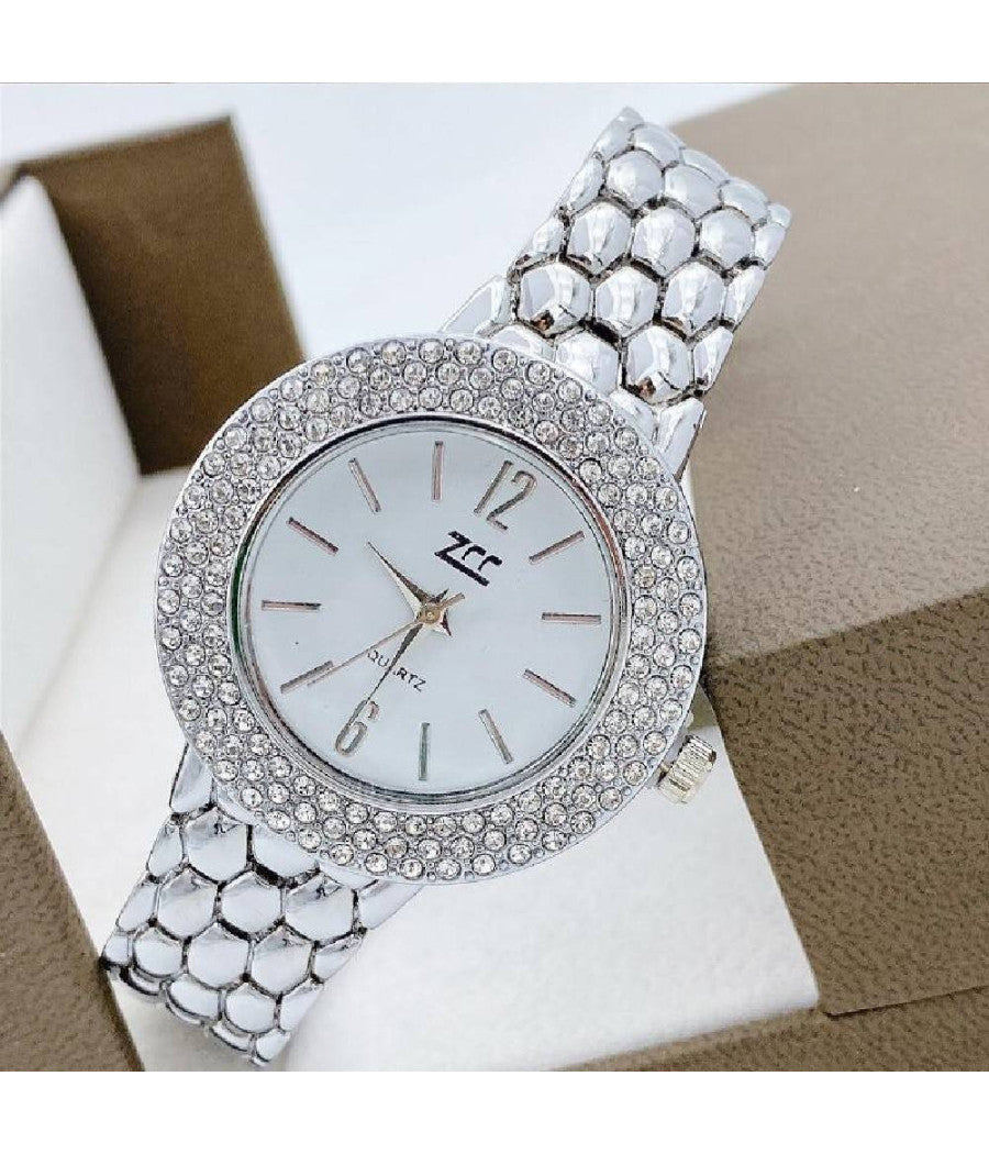 Orologio Polso Zcc Donna Quarzo Acciaio Moda Brillantini Analogico Silver Bianco         
