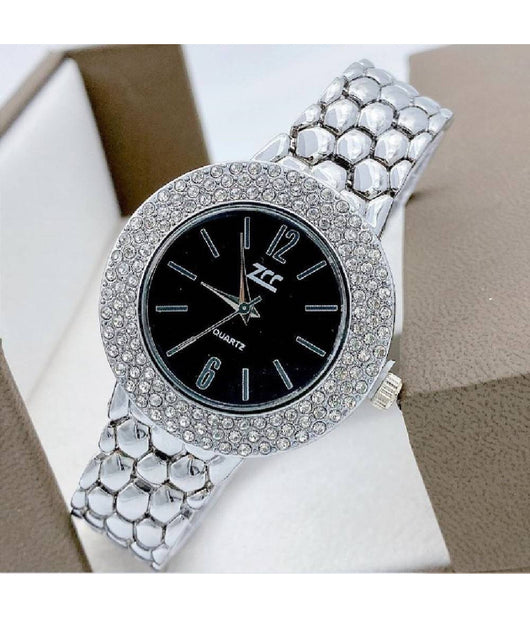 Orologio Polso Zcc Donna Quarzo Acciaio Moda Brillantini Analogico Silver Nero         