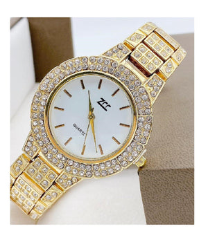 Orologio Polso Zcc Donna Quarzo Acciaio Moda Brillantini Dorato Quadrante Bianco         