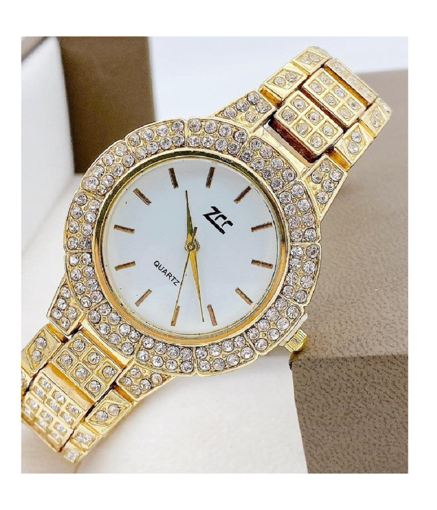 Orologio Polso Zcc Donna Quarzo Acciaio Moda Brillantini Dorato Quadrante Bianco         