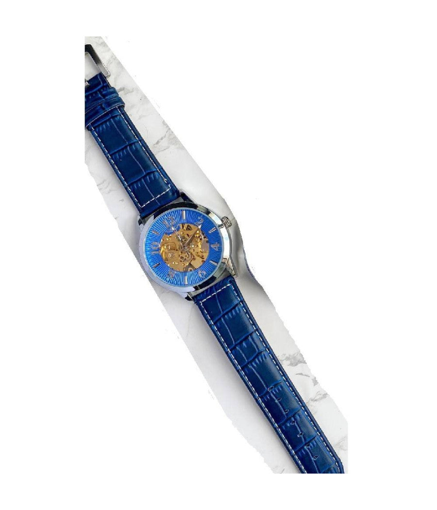 Orologio Polso Zcc G8239 Uomo Automatico Analogico Cinturino Pelle Blu Silver         