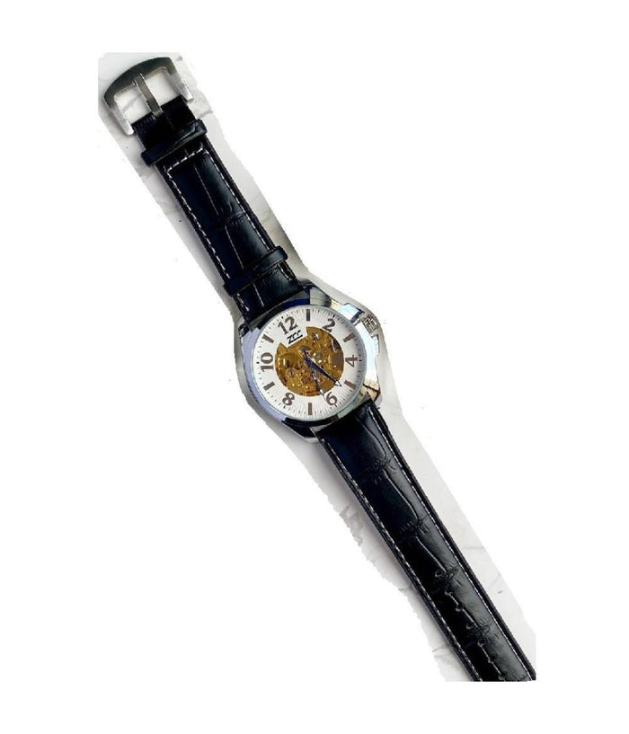 Orologio Polso Zcc G8239 Uomo Automatico Cinturino Pelle Casual Nero Silver Bianco         