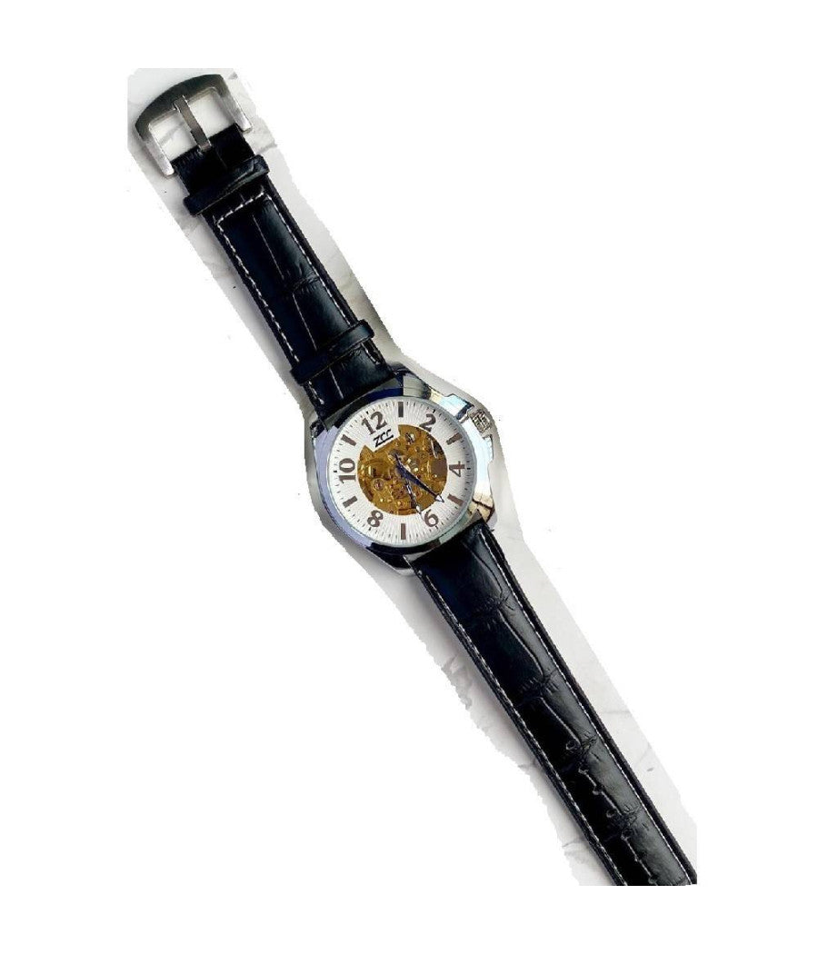 Orologio Polso Zcc G8239 Uomo Automatico Cinturino Pelle Casual Nero Silver Bianco         