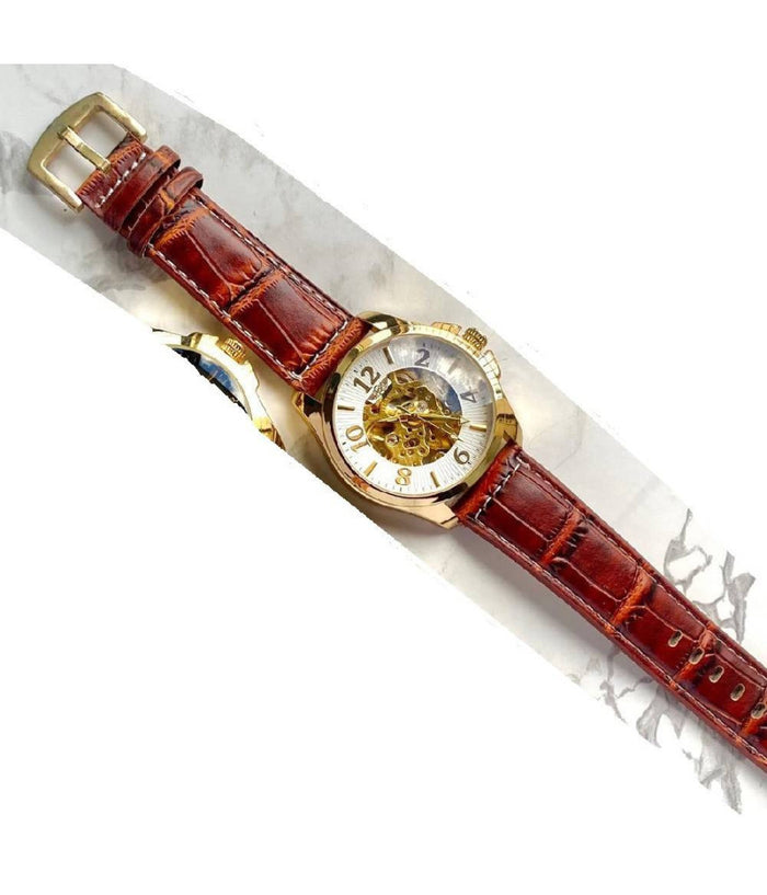 Orologio Polso Zcc G8239 Uomo Automatico Cinturino Pelle Marrone Bianco Dorato         