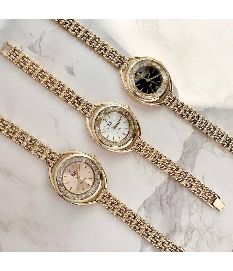 Orologio Polso Zcc Quarzo Donna Analogico Acciaio Bracciale Dorato Brillantini         