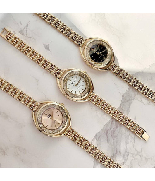 Orologio Polso Zcc Quarzo Donna Analogico Acciaio Bracciale Dorato Brillantini         