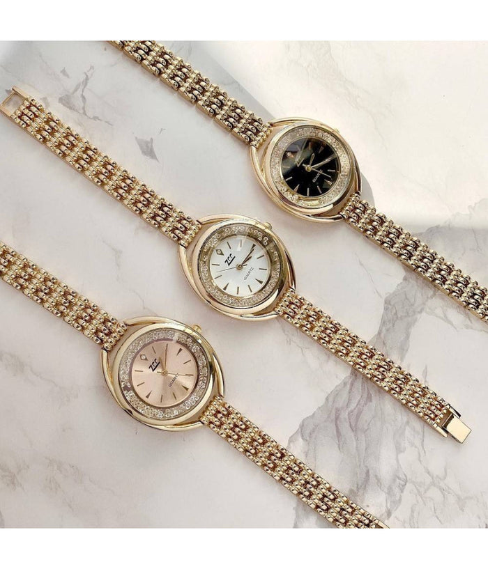 Orologio Polso Zcc Quarzo Donna Analogico Acciaio Bracciale Dorato Brillantini         