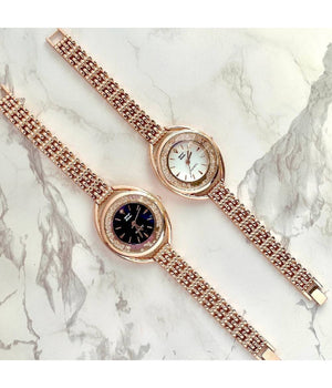 Orologio Polso Zcc Quarzo Donna Analogico Acciaio Bracciale Oro Rosa Brillantini         