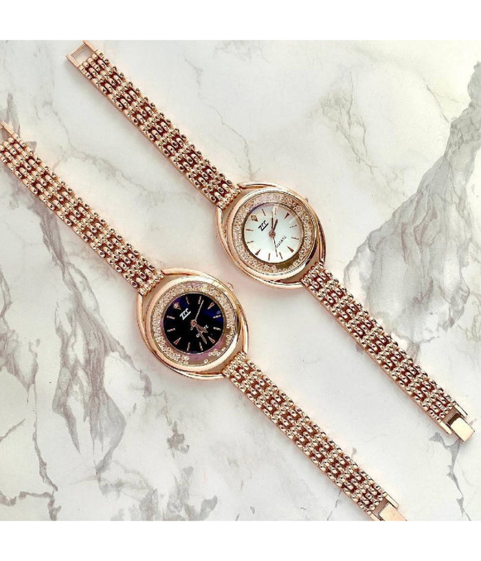 Orologio Polso Zcc Quarzo Donna Analogico Acciaio Bracciale Oro Rosa Brillantini         