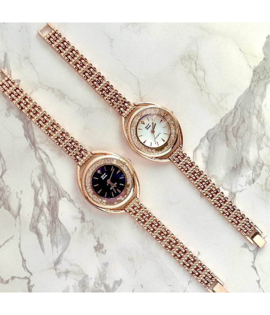 Orologio Polso Zcc Quarzo Donna Analogico Acciaio Bracciale Oro Rosa Brillantini         