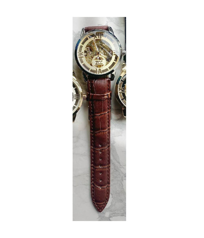 Orologio Polso Zcc Romani Uomo Silver Automatico Cinturino Pelle Marrone Dorato         