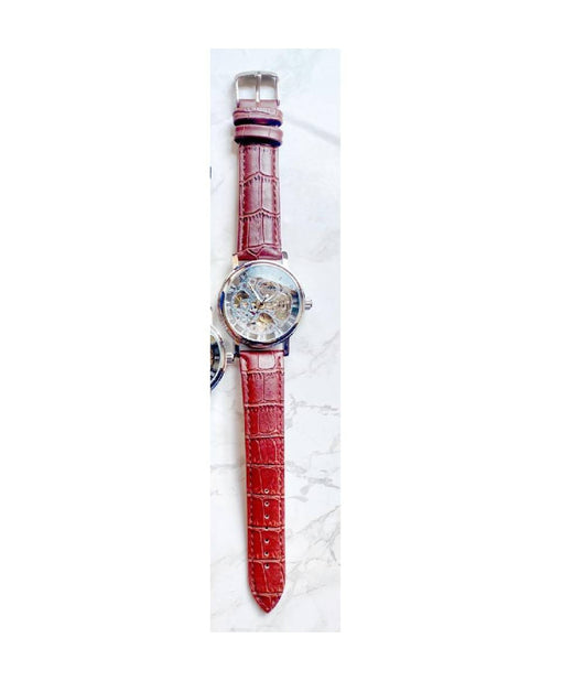 Orologio Polso Zcc T001 Uomo Automatico Cinturino Pelle Rosso Quadrante Silver         
