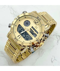 Orologio Polso Zcc Uomo Acciaio Dual Time Calendario Allarme Impermeabile Dorato         