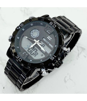 Orologio Polso Zcc Uomo Acciaio Dual Time Calendario Allarme Impermeabile Nero         